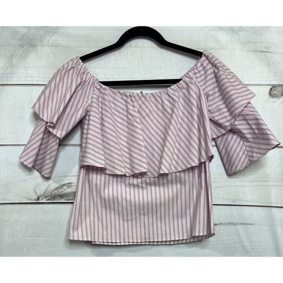Wayf NWT Top Size Small Off the Shoulders Pink Stripes Ruffles Anthropologie - Picture 2 of 8